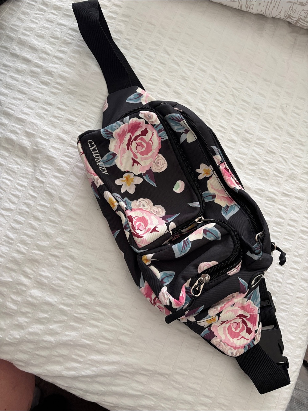 Floral Black Crossbody Waist Bag with Pink Rose Print